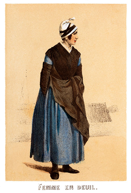 Femme en deuil en Basse Normandie  vers 1850 - Gravure  reproduite puis restaurée par © Norbert Pousseur
