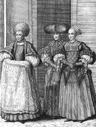 Habit de cérémonie et marraine alsacienne, gravure de 1706 reproduite par ©  la BNF et retraitée par © Norbert Pousseur