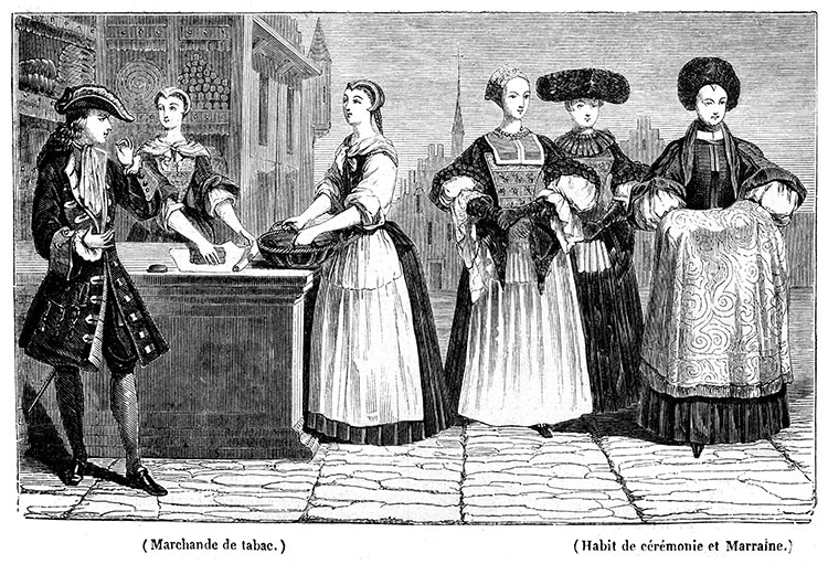 Marchande de tabac et habits féminins de cérémonie alsaciens tiré de dessin de 1700 - Gravure  reproduite et améliorée numériquement par © Norbert Pousseur