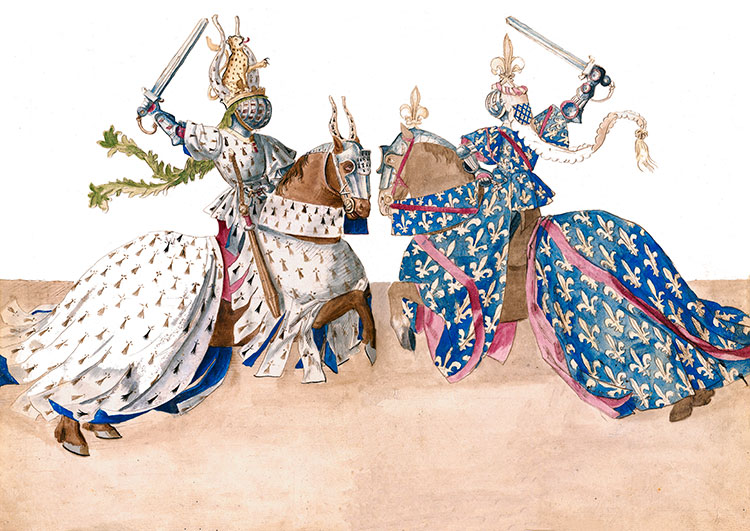 Tournoi : Hourt de cheval, et à affrontement à l'épée - Gravure  conservée et reproduite par la  ©  BNF, puis restaurée numériquement par © Norbert Pousseur