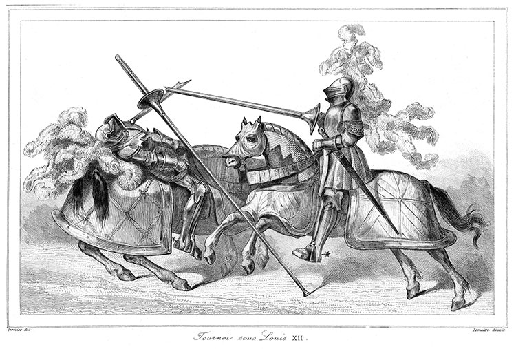 Tournoi : chevalier défait à la lance - Gravure  reproduite puis restaurée par © Norbert Pousseur