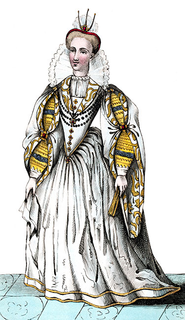 Marguerite de Lorraine, duchesse de Joyeuse dans son costume - Gravure reproduite puis restaurée numériquement par © Norbert Pousseur